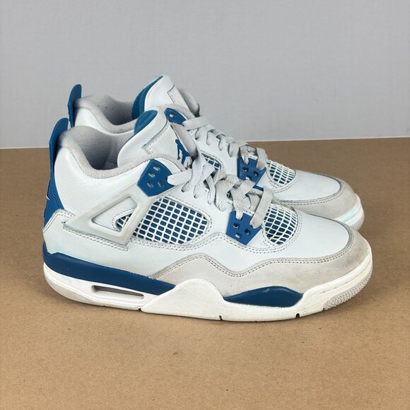 Jordan 4 Retro Military Blue Leather Athletic Sneakers Youth 4.5Y White Blue - Picture 3 of 9